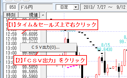 画面のタイム＆セールズ上で右クリックすると「ＣＳＶ出力」というメニューが出てくるので選択します。