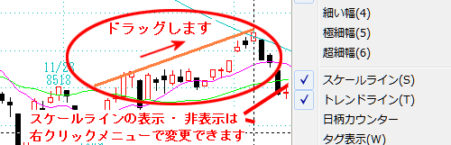 ドラッグすると、ドラッグの起点を0として、その足が○本目かカウントされます。